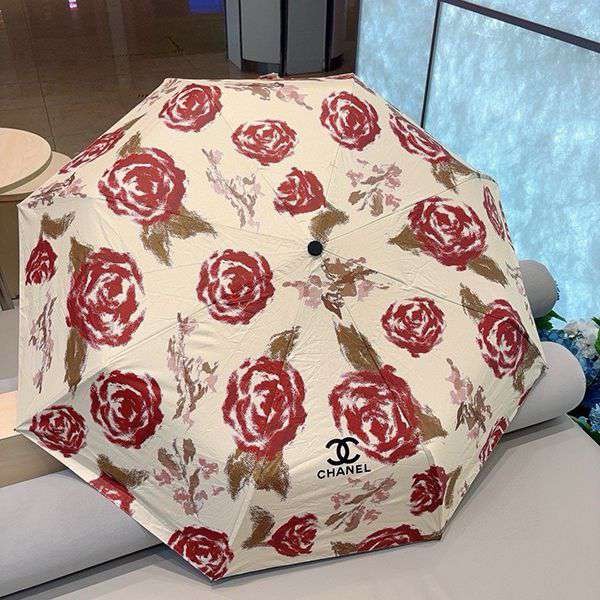 CHANEL 傘 シャネル 雨晴兼用折りたたみ傘 偽物☆バラのパターン shr28152