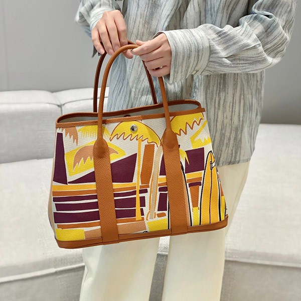 美品 HERMES ガーデンパーティ PM マロン トワルアッシュ エルメス ガーデンパーティPM 36 トワルアッシュ/レザー ナチュラル/マロン
