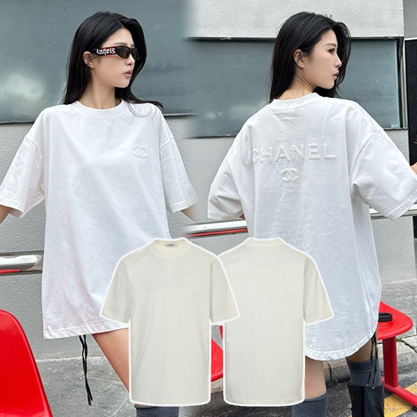 n級品 シャネル 半袖 Tシャツ 偽物 ホワイト クルーネック ロゴ 刺繍 shl06943