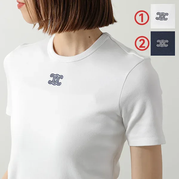 セリーヌ Tシャツ Triomphe トリオンフ RX0IX1407.01MA レディース 半袖 カットソー クルーネック ロゴ 刺繍 リブ編み コットンジャージー カラー2色