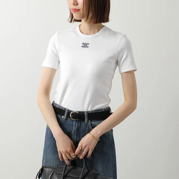 セリーヌ Tシャツ Triomphe トリオンフ RX0IX1407.01MA レディース 半袖 カットソー クルーネック ロゴ 刺繍 リブ編み コットンジャージー カラー2色