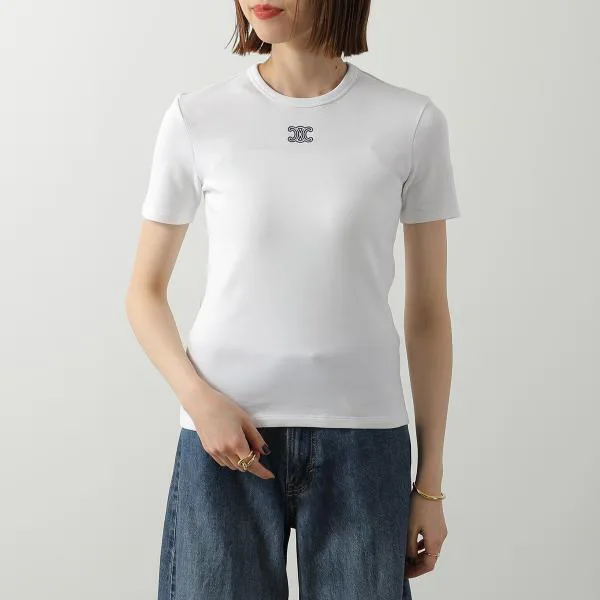 セリーヌ Tシャツ Triomphe トリオンフ RX0IX1407.01MA レディース 半袖 カットソー クルーネック ロゴ 刺繍 リブ編み コットンジャージー カラー2色