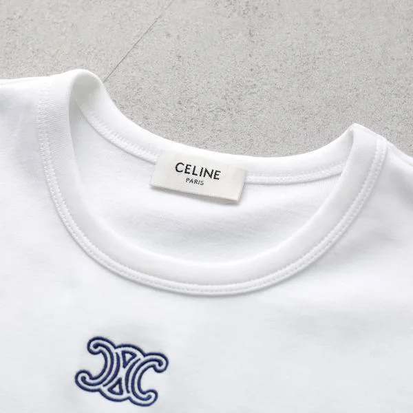 セリーヌ Tシャツ Triomphe トリオンフ RX0IX1407.01MA レディース 半袖 カットソー クルーネック ロゴ 刺繍 リブ編み コットンジャージー カラー2色