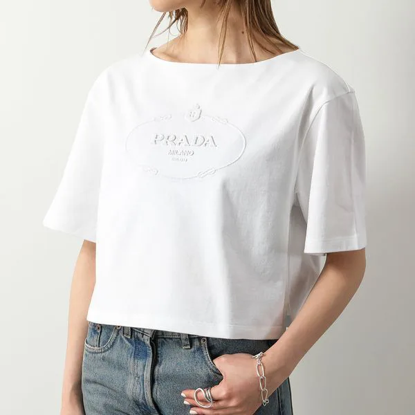 プラダ 半袖 Tシャツ 3546 B14LQ レディース カットソー ボートネック ロゴ ショート丈 コットン F0009/BIANCO