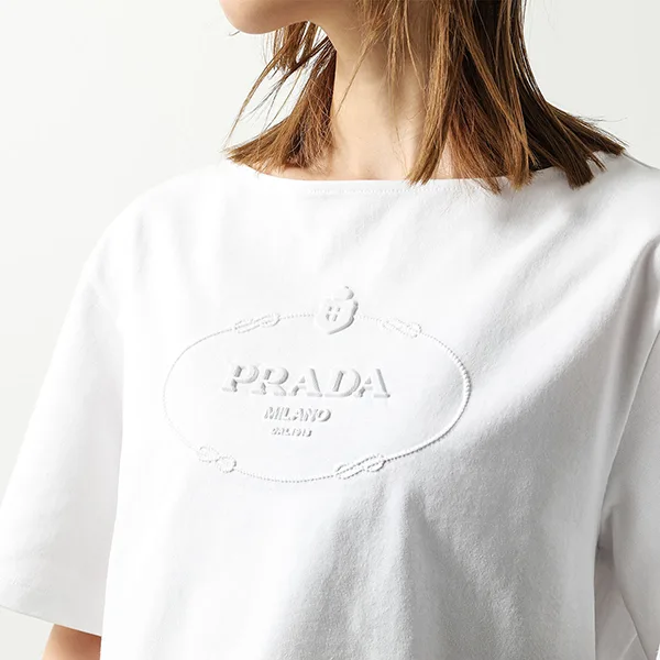 プラダ 半袖 Tシャツ 3546 B14LQ レディース カットソー ボートネック ロゴ ショート丈 コットン F0009/BIANCO