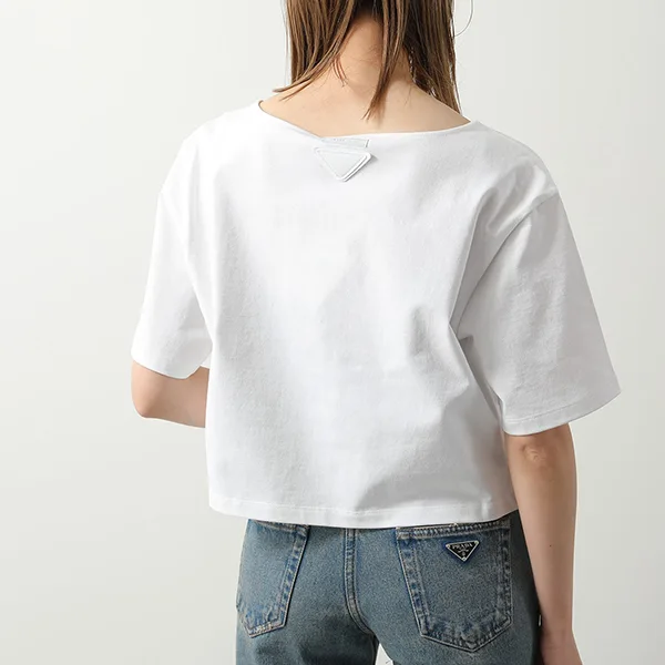 プラダ 半袖 Tシャツ 3546 B14LQ レディース カットソー ボートネック ロゴ ショート丈 コットン F0009/BIANCO