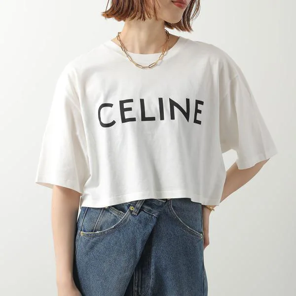 セリーヌ Tシャツ 2X761671Q.01EA レディース 半袖 カットソー クロップド丈 クルーネック ロゴT コットン ホワイト