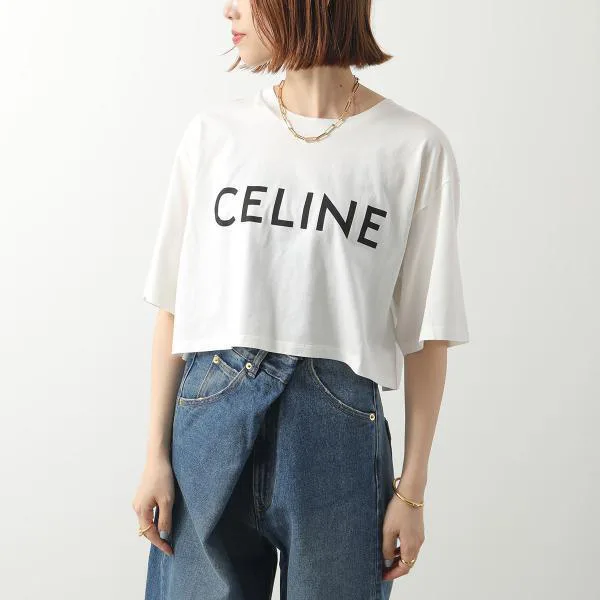セリーヌ Tシャツ 2X761671Q.01EA レディース 半袖 カットソー クロップド丈 クルーネック ロゴT コットン ホワイト