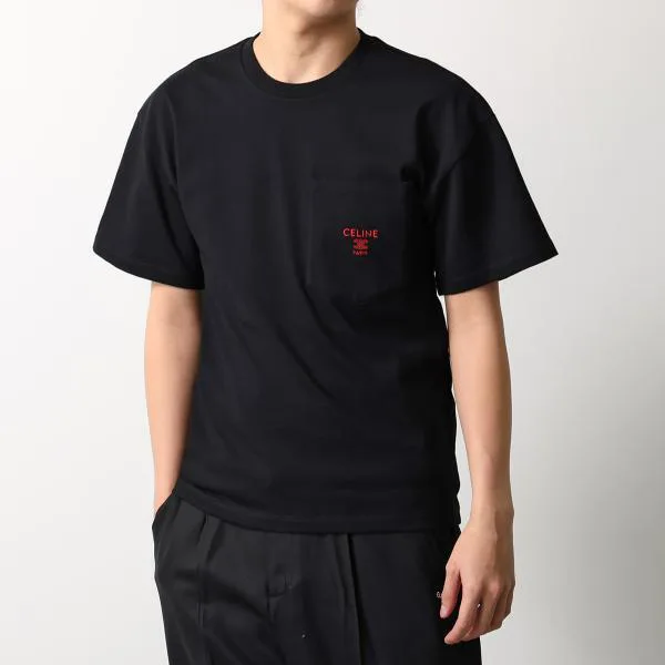 セリーヌ Tシャツ RX0I31242.GDX7 レディース メンズ 半袖 カットソー トリオンフ ロゴT 刺繍 クルーネック コットン 胸ポケット ブラック