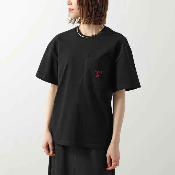 セリーヌ Tシャツ RX0I31242.GDX7 レディース メンズ 半袖 カットソー トリオンフ ロゴT 刺繍 クルーネック コットン 胸ポケット ブラック
