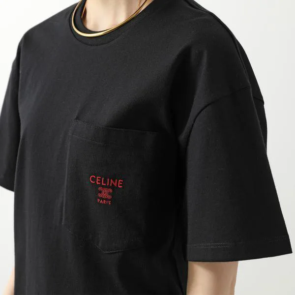 セリーヌ Tシャツ RX0I31242.GDX7 レディース メンズ 半袖 カットソー トリオンフ ロゴT 刺繍 クルーネック コットン 胸ポケット ブラック