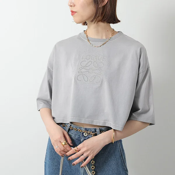 ロエベ Tシャツ S359Y22X84 レディース 半袖 カットソー クロップド丈 アナグラム ロゴT 刺繍 コットン クルーネック カラー3色