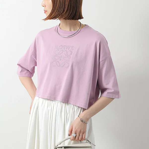 ロエベ Tシャツ S359Y22X84 レディース 半袖 カットソー クロップド丈 アナグラム ロゴT 刺繍 コットン クルーネック カラー3色