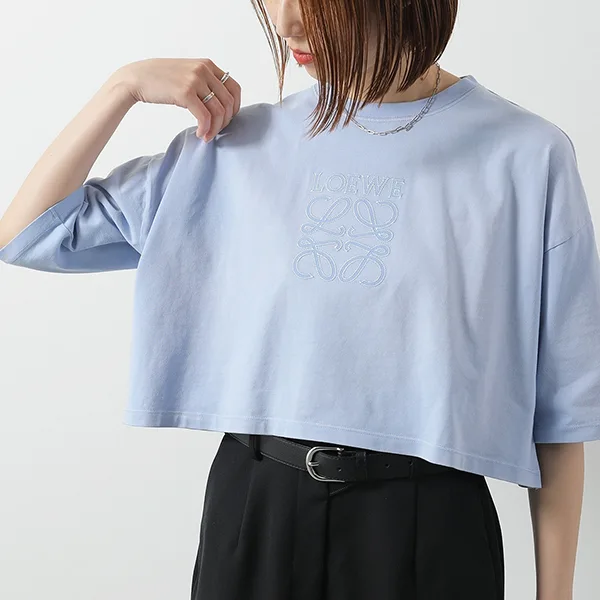 ロエベ Tシャツ S359Y22X84 レディース 半袖 カットソー クロップド丈 アナグラム ロゴT 刺繍 コットン クルーネック カラー3色