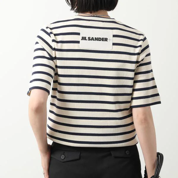 ジルサンダー プラス Tシャツ J40GC0111 J46497 レディース クルーネック 半袖 リブ カットソー コットン ボーダー ロゴパッチ
