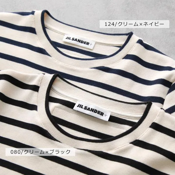 ジルサンダー プラス Tシャツ J40GC0111 J46497 レディース クルーネック 半袖 リブ カットソー コットン ボーダー ロゴパッチ