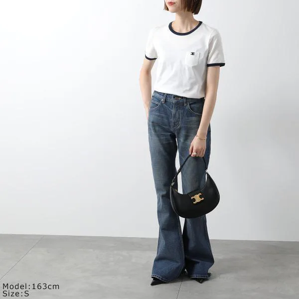 セリーヌ Tシャツ 2X94M671Q.01MA レディース 半袖 クルーネック カットソー トリオンフ刺繍 胸ポケット コットン オフホワイト他