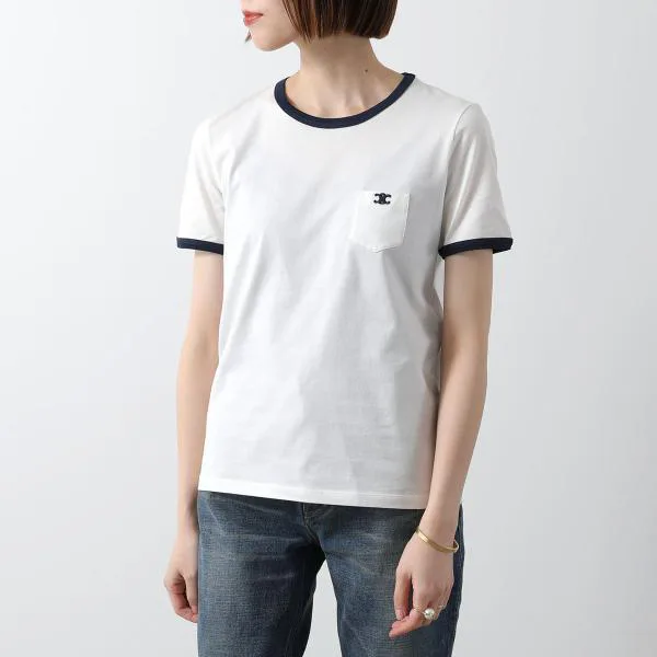 セリーヌ Tシャツ 2X94M671Q.01MA レディース 半袖 クルーネック カットソー トリオンフ刺繍 胸ポケット コットン オフホワイト他