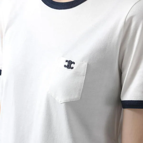 セリーヌ Tシャツ 2X94M671Q.01MA レディース 半袖 クルーネック カットソー トリオンフ刺繍 胸ポケット コットン オフホワイト他