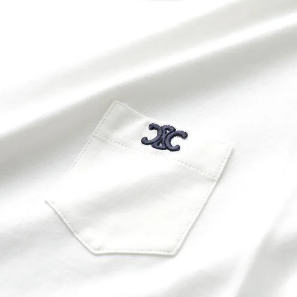 セリーヌ Tシャツ 2X94M671Q.01MA レディース 半袖 クルーネック カットソー トリオンフ刺繍 胸ポケット コットン オフホワイト他
