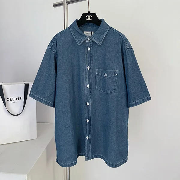 セリーヌ デニムシャツ メンズ 半袖 ショートスリーブシャツ コットン トリオンフ刺繍 胸ポケット Cem18233