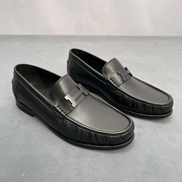 エルメス Karlo シルバー Hロゴ レザーモカシン ブラック